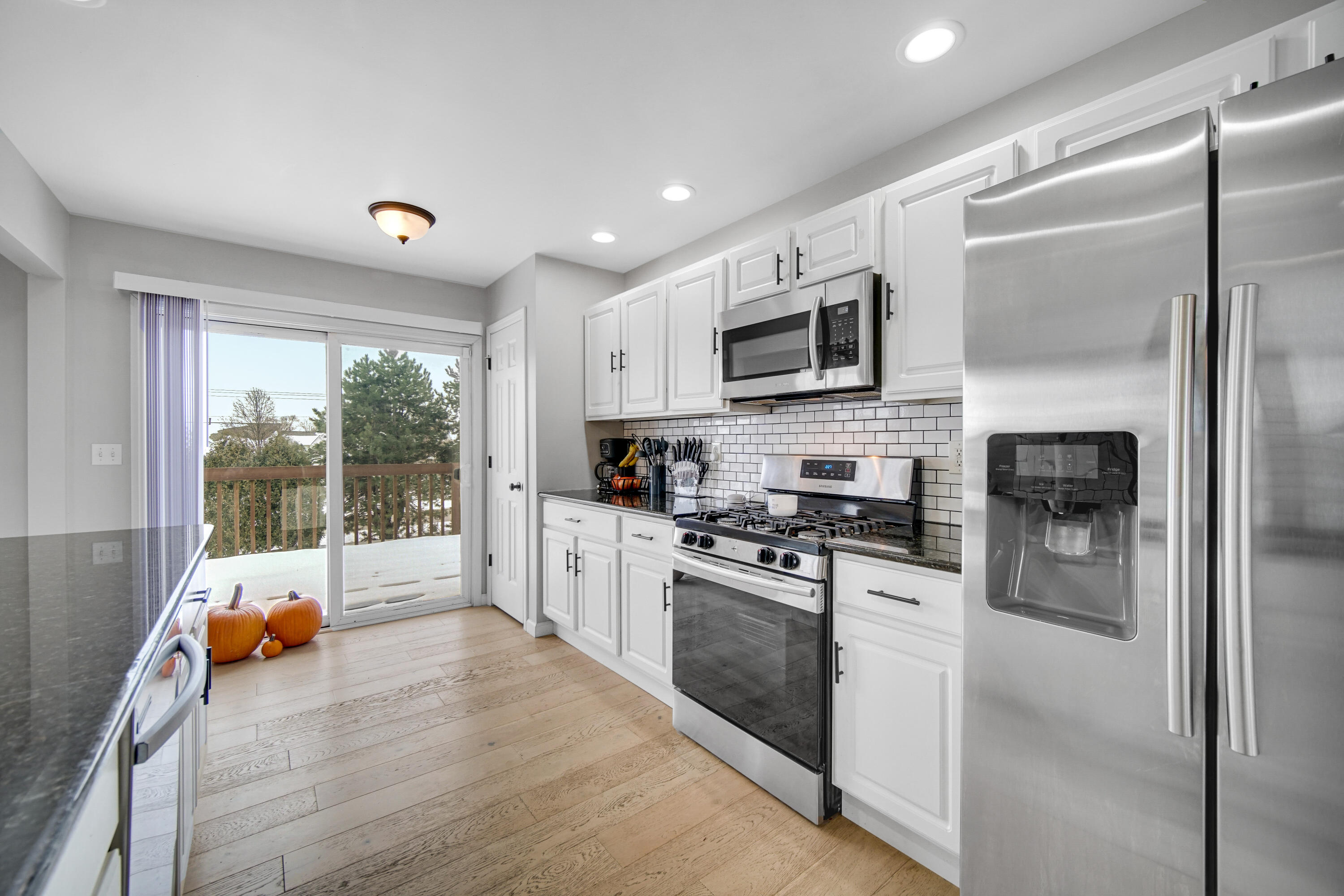 10487 Pinnacle Street Crown Point, IN 46307 - Photo 10 of 27 a kitchen with stainless steel appliances granite countertop a refrigerator a sink a stove top oven a granite counter tops and white cabinets with wooden floor