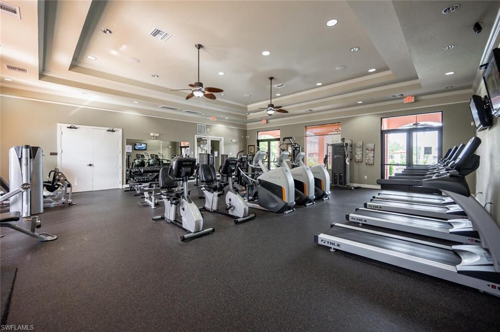 7770 Bristol Circle Naples, FL 34120 - Photo 34 of 36 Exercise room with ceiling fan, crown molding, and recessed lighting