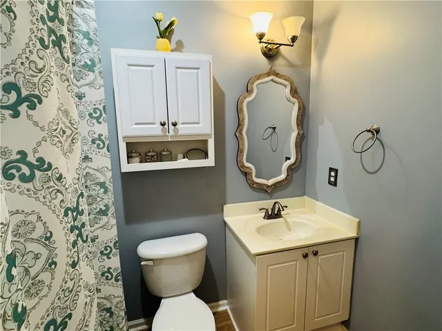 a bathroom with a sink a toilet and mirror