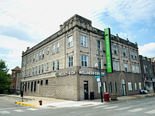 a front view of a building with street view