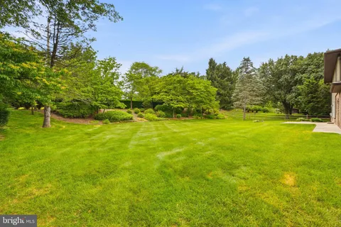 a yard with lots of green space and trees all around