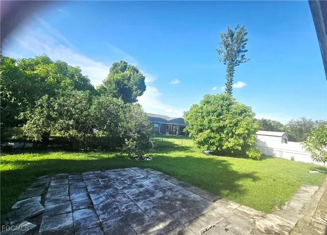 a backyard of a house with plants and large trees