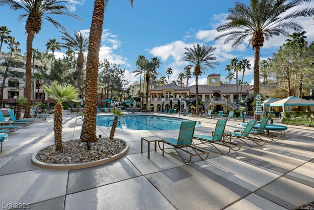 230 East Flamingo Road, Unit 435 Las Vegas, NV 89169 - Photo 3 of 15 A refreshing pool awaits, surrounded by swaying palms and inviting lounge seating.