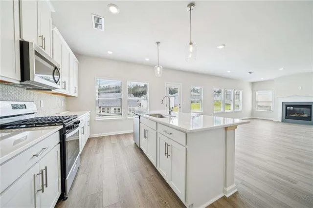 a kitchen with stainless steel appliances granite countertop a stove and a sink