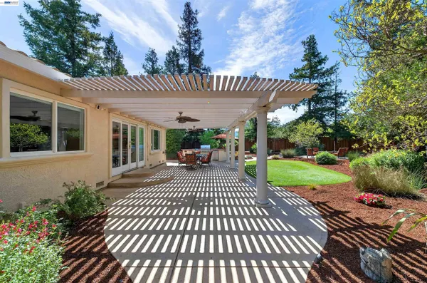a view of a porch with garden
