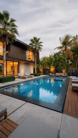 a view of a swimming pool with an outdoor seating