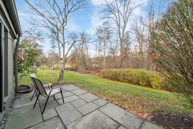 a view of a backyard with table and chairs and a tree