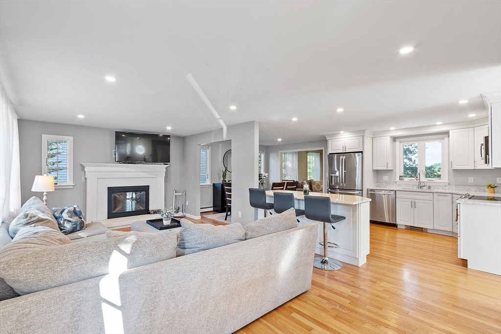 145 Virginia Road Waltham, MA 02453 - Photo 3 of 36 a living room with fireplace furniture and a wooden floor