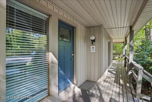 a backyard of a house with large trees and plants