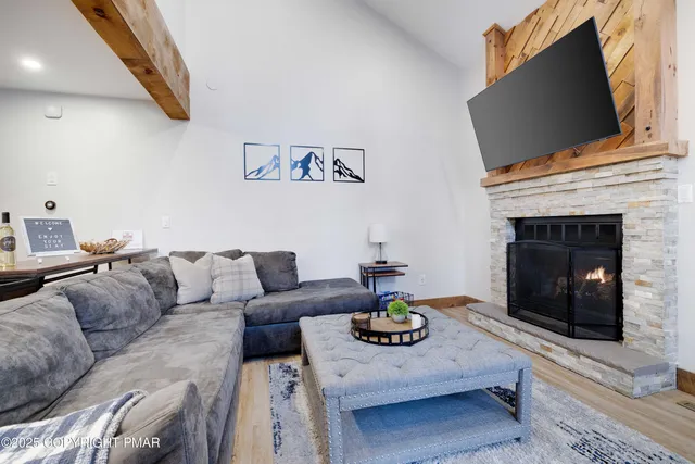 a living room with furniture a flat screen tv and a fireplace
