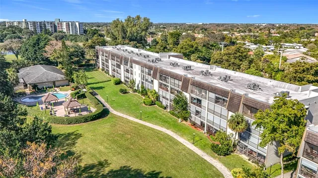 a view of a swimming pool with a garden
