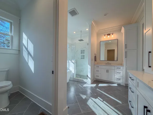 a bathroom with a sink a mirror a vanity and a shower