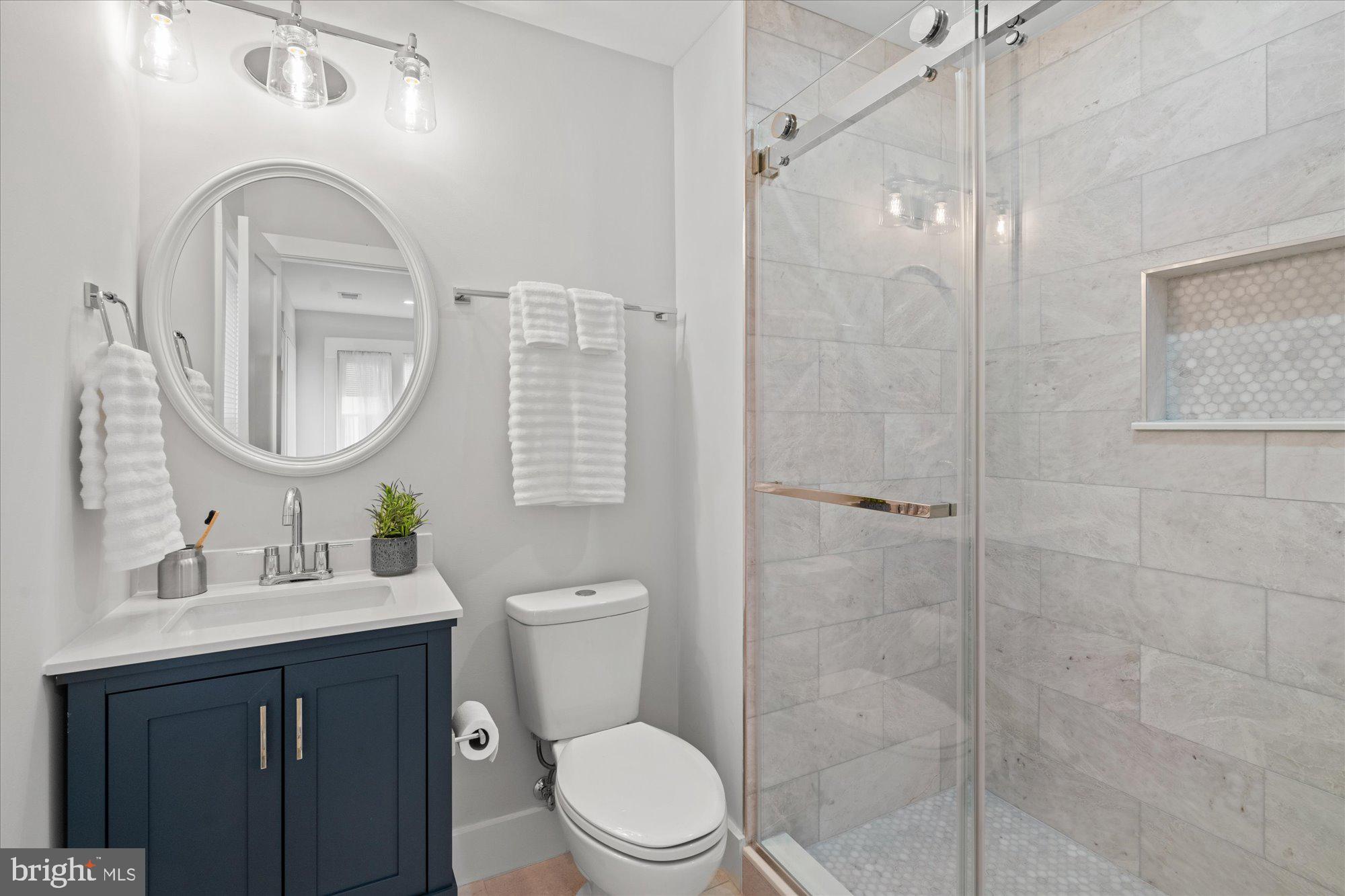 524 Queen Street Alexandria, VA 22314 - Photo 54 of 64 a bathroom with a toilet a sink a mirror and a shower