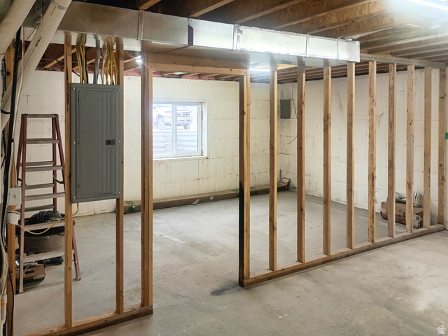 1510 South Lawrence Road Huntington, UT 84528 - Photo 14 of 16 Unfinished basement area featuring framed partition walls, exposed overhead ductwork, and a visible electrical panel