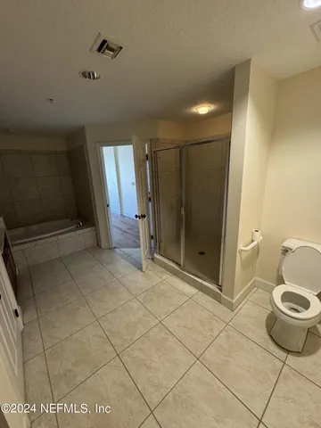 a bathroom with a shower and a toilet