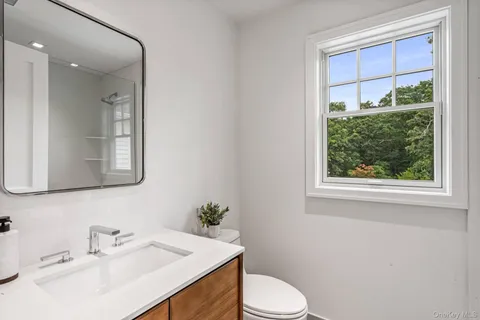 a bathroom with a sink a toilet and mirror
