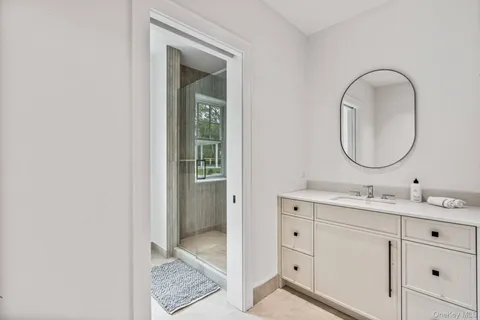 a bathroom with a sink a mirror and a shower
