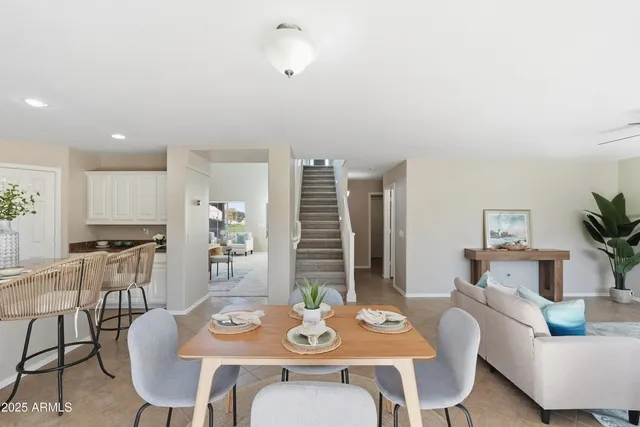 a view of a dining room with furniture