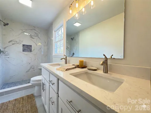a bathroom with a double vanity sink mirror and toilet