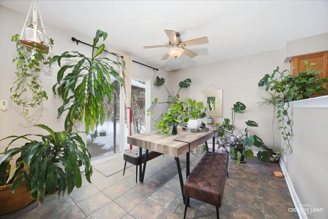 a view of a dining room with furniture and a potted plant