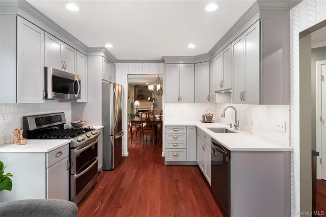 a kitchen with a sink a counter top space stainless steel appliances and cabinets