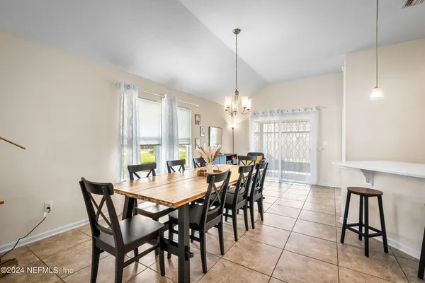 a view of a dining room with furniture window and outside view