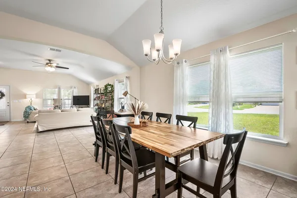 a view of a dining room with furniture window and outside view