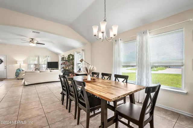 a view of a dining room with furniture window and outside view