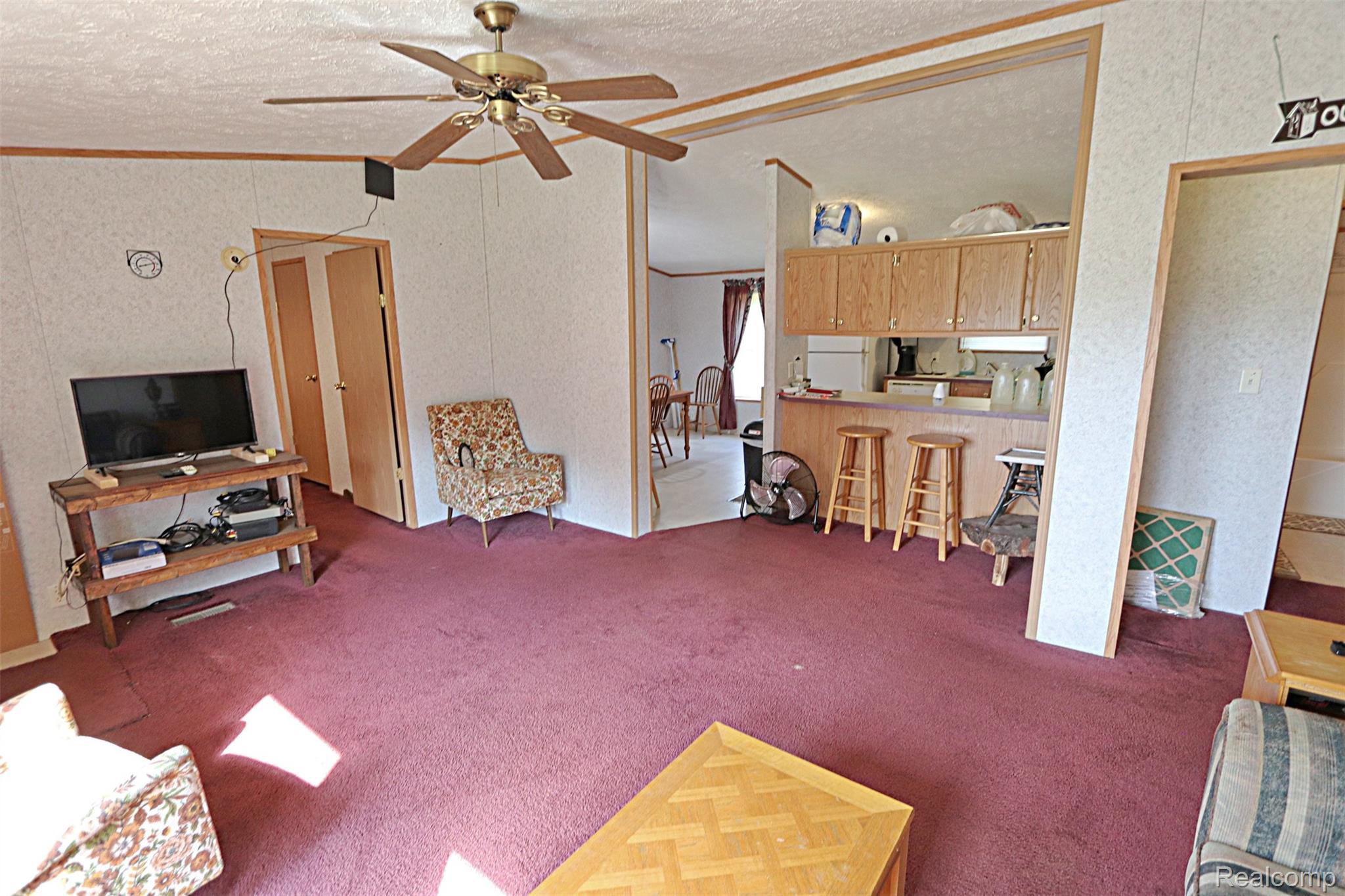 11365 Littlefield Road Blanchard, MI 49310 - Photo 44 of 68 Spacious living area featuring a ceiling fan, broad entryway, and direct access to a kitchen with wood-finish cabinetry