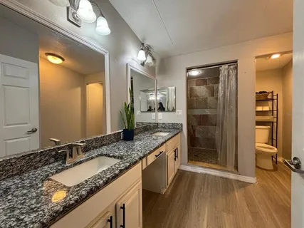 a bathroom with a granite countertop sink mirror vanity and toilet