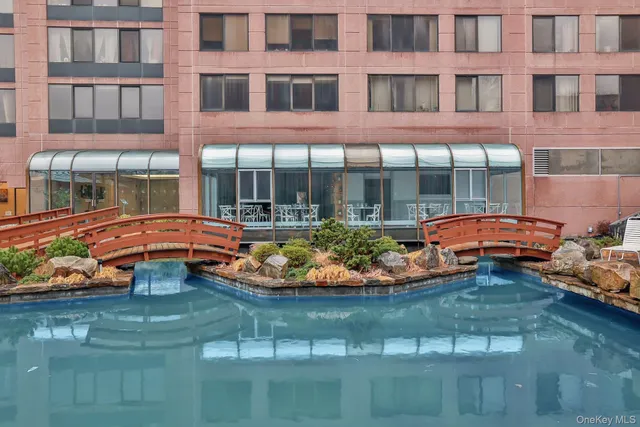 a view of a swimming pool with chairs and plants