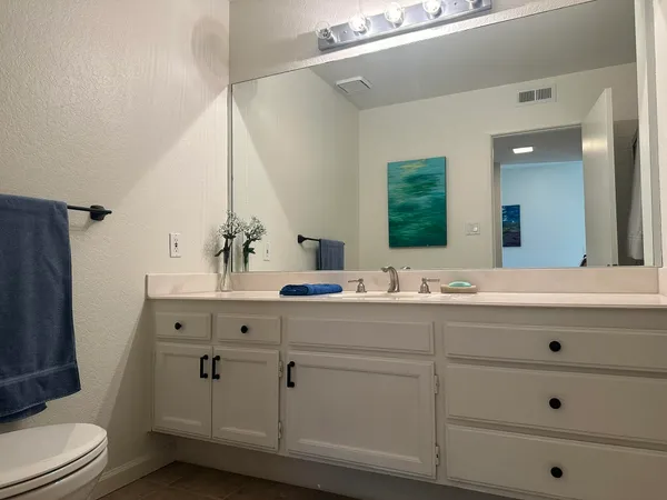 a bathroom with a double vanity sink toilet mirror and bathtub