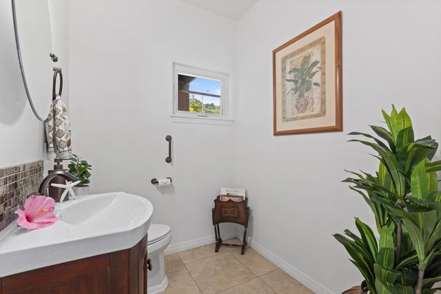 a bathroom with a sink mirror and a potted plant