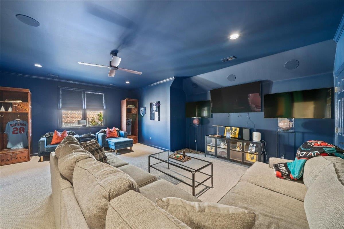 9455 Johnson Rd Extension Germantown, TN 38139 - Photo 33 of 40 Cinema room featuring carpet flooring, a ceiling fan, recessed lighting, and ornamental molding