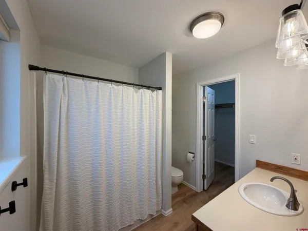 a bathroom with a sink a toilet and shower curtain