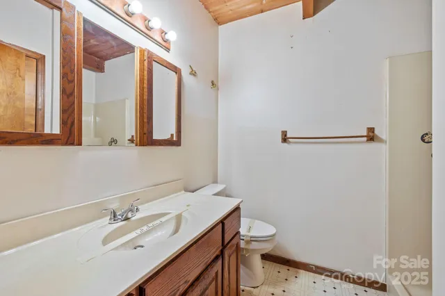 a bathroom with a sink a toilet and a mirror