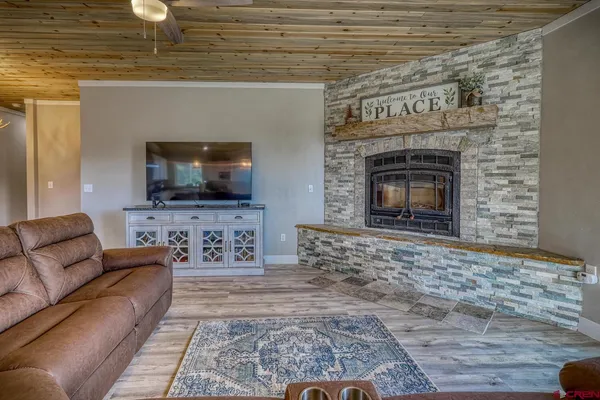 a living room with furniture a flat screen tv and a fireplace