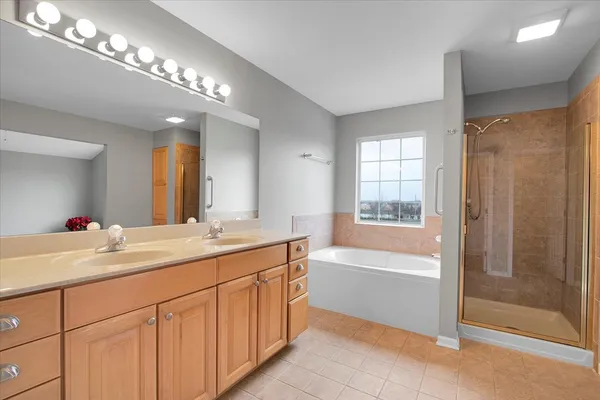 a bathroom with a sink a large mirror and a bathtub