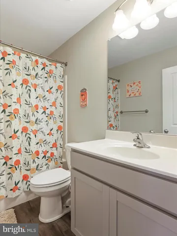 a bathroom with a sink a toilet and a shower curtain