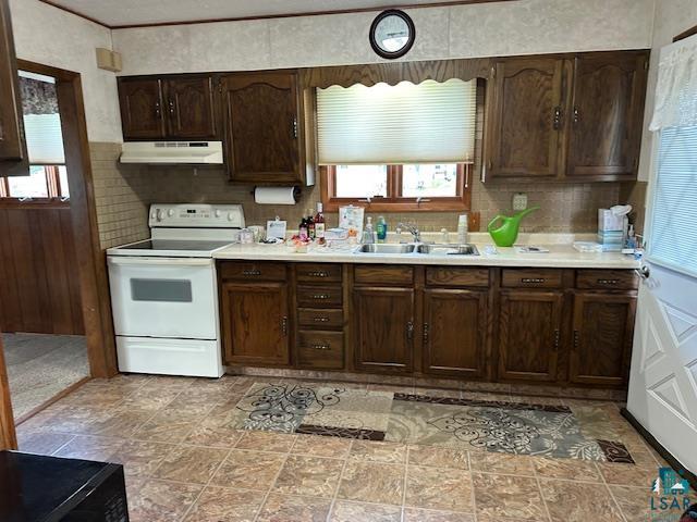 30 Fir Circle Babbitt, MN 55706 - Photo 8 of 27 Kitchen featuring white range with electric cooktop, light countertops, dark brown cabinets, under cabinet range hood, and backsplash