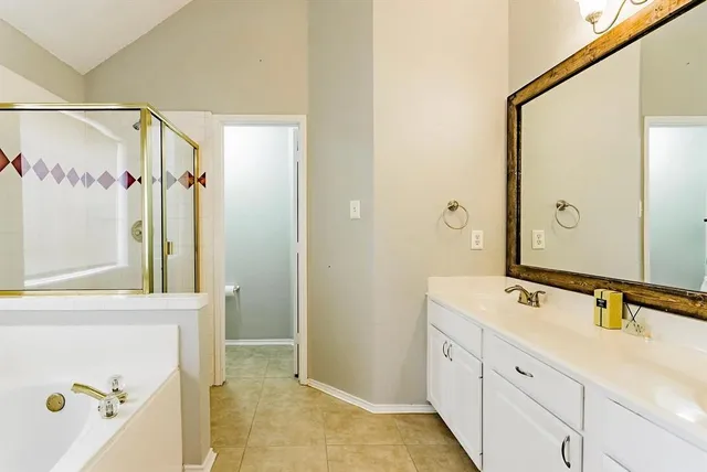 a bathroom with a shower sink and mirror