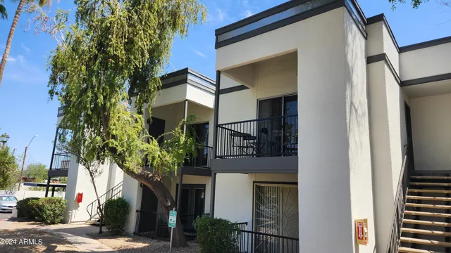 a front view of a house with a tree