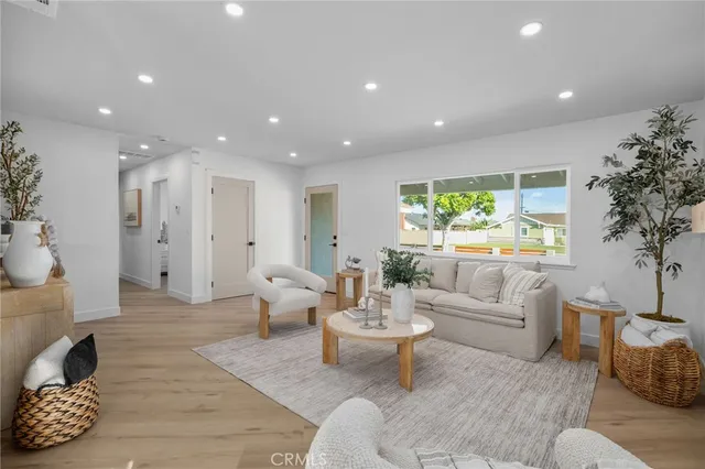 a living room with furniture potted plant and a window