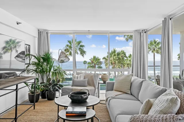 a living room with furniture plant and a large window