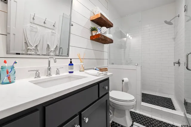 a bathroom with a sink a toilet and shower