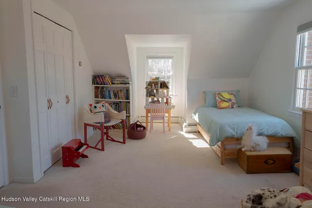 a bedroom with furniture and a book shelf