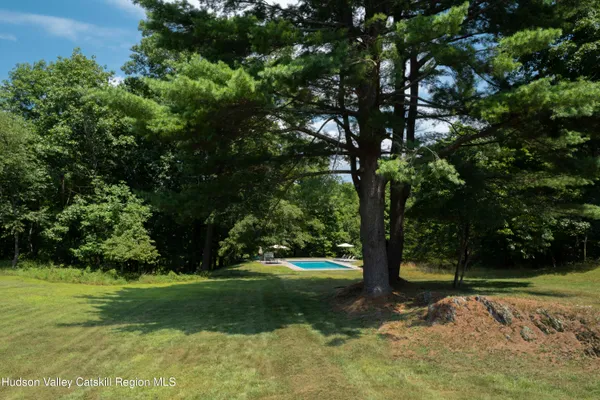 a view of a yard with large trees