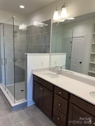 a bathroom with a shower sink and mirror