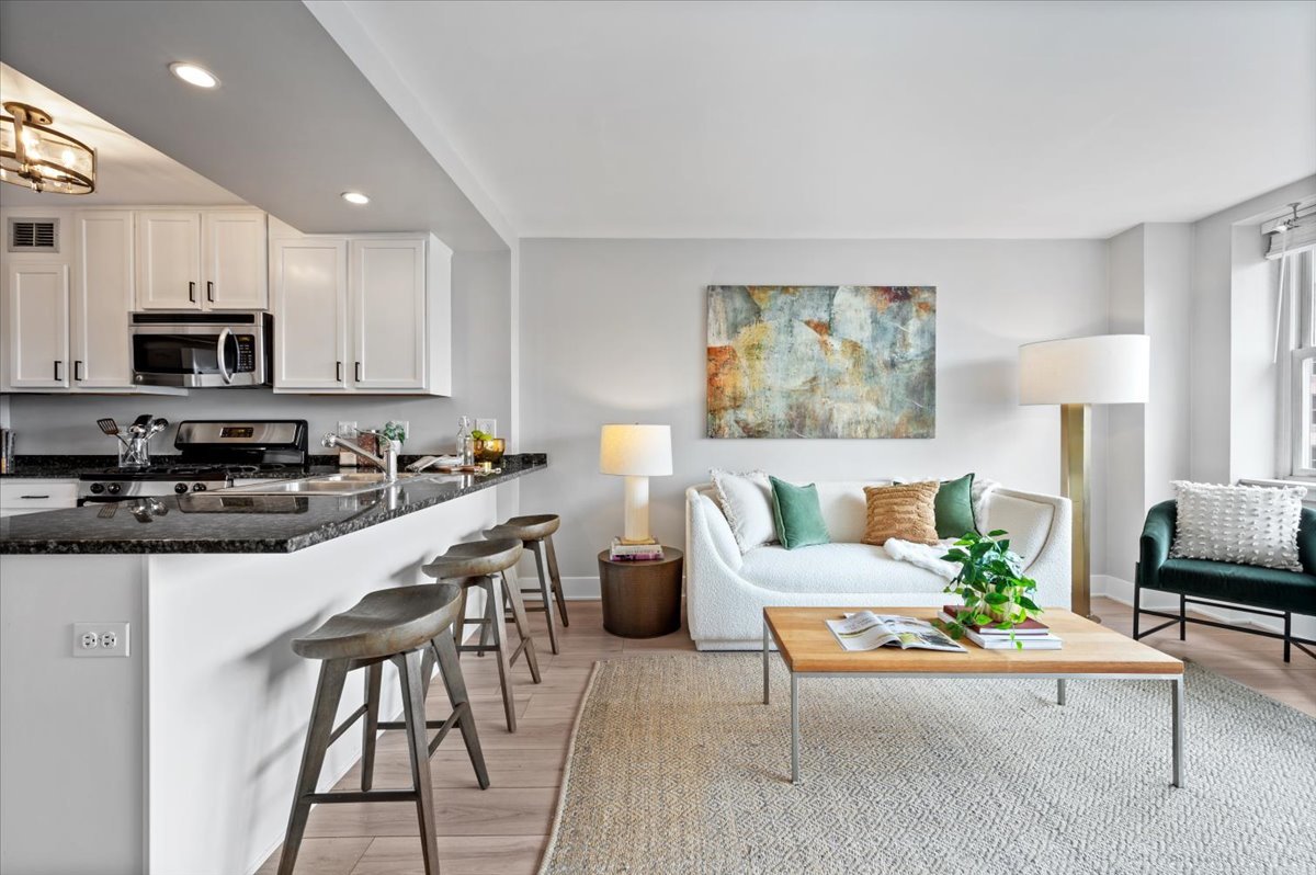 2300 North Commonwealth Avenue, Unit 7J Chicago, IL 60614 - Photo 6 of 20 a living room with stainless steel appliances granite countertop furniture a couch a stove a flat screen tv and a window