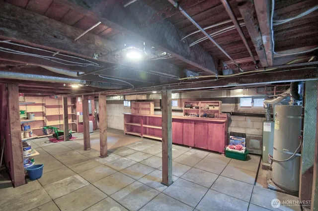 a storage room with water heater and racks